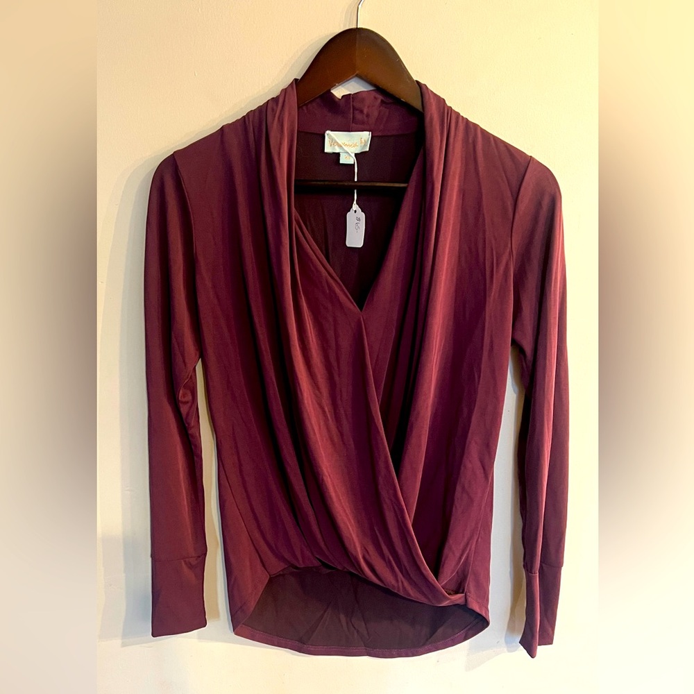 VERONICA M Women’s Burgundy V-Neck Long Sleeve Wrap Front Top Size XS NEW